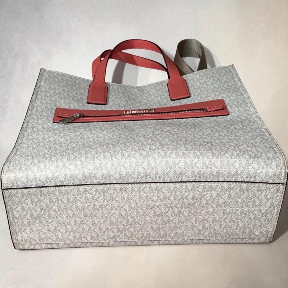MICHAEL KORS Kenly Large Signature Logo Tape Tote Bag : Grapefruit and white